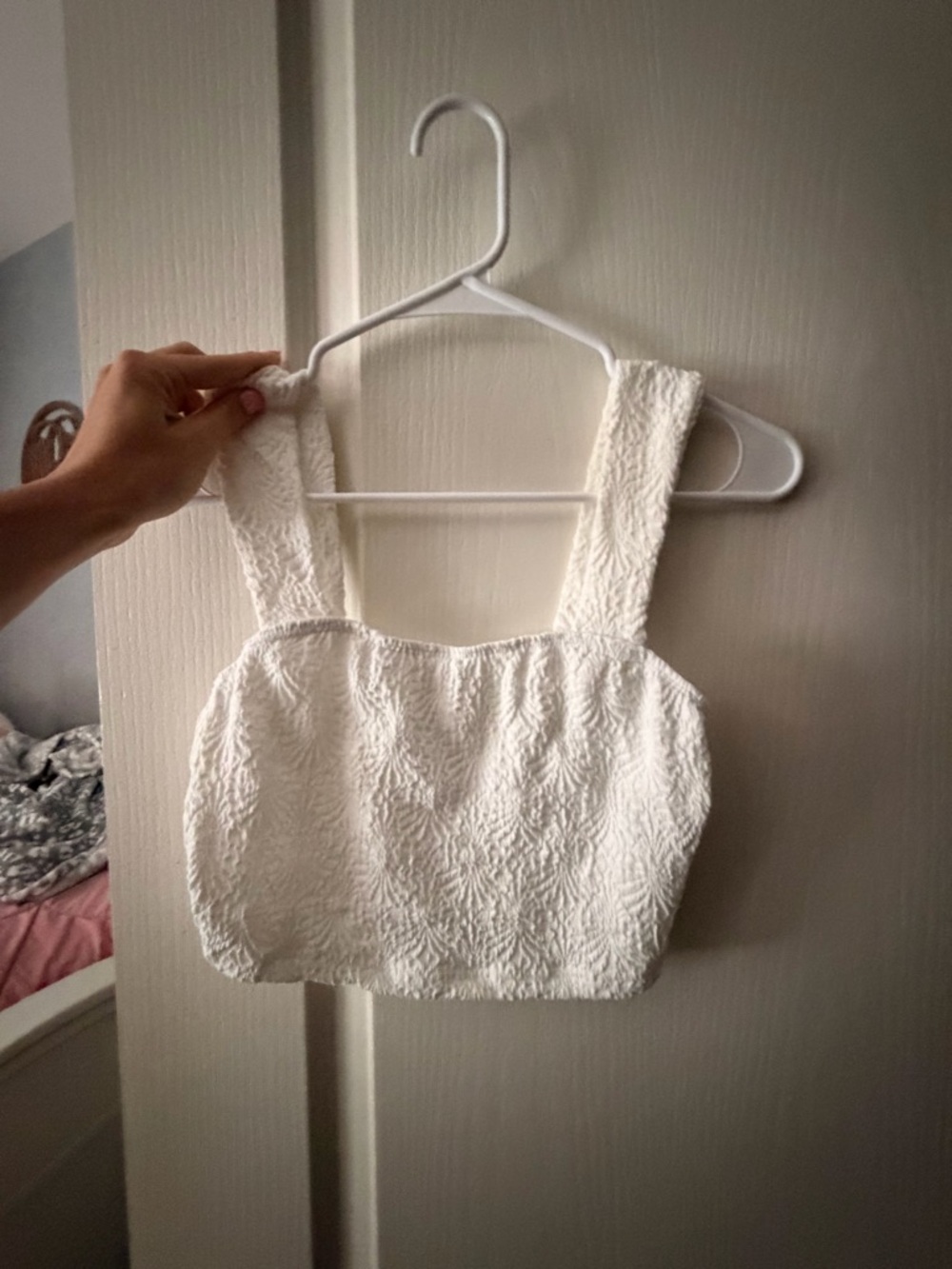 White Textured Square-Neck Crop Top